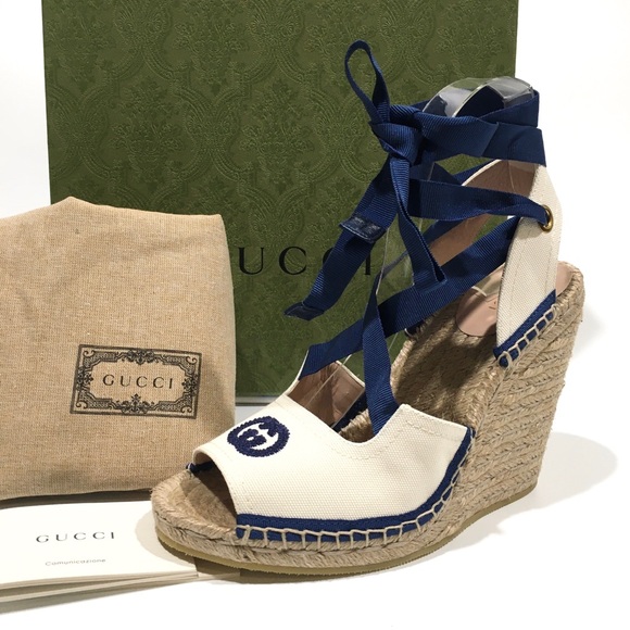 GUCCI GG RIBBON TIE WEDGE ESPADRILLES -WHITE /NAVY -US 8.5 -NEW - Picture 2 of 10